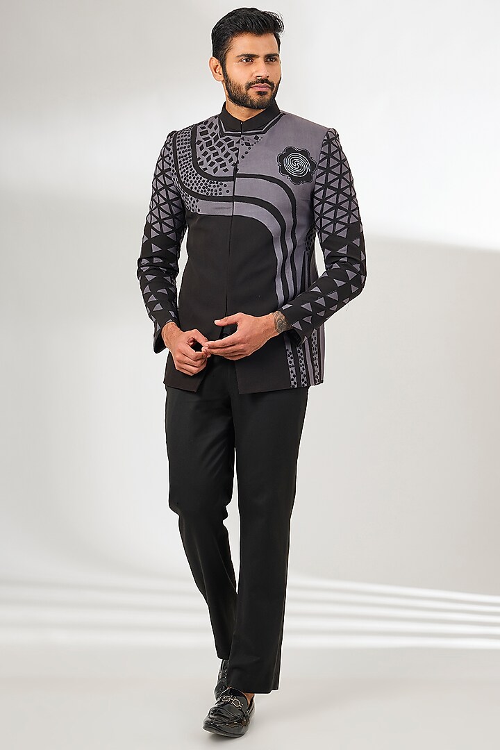 Black Fine Silk Patch Work Wedding Bandhgala by Arun Verma at Pernia's Pop Up Shop