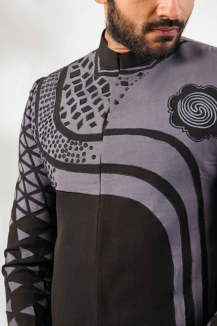 Black Fine Silk Patch Work Wedding Bandhgala by Arun Verma at Pernia's Pop Up Shop