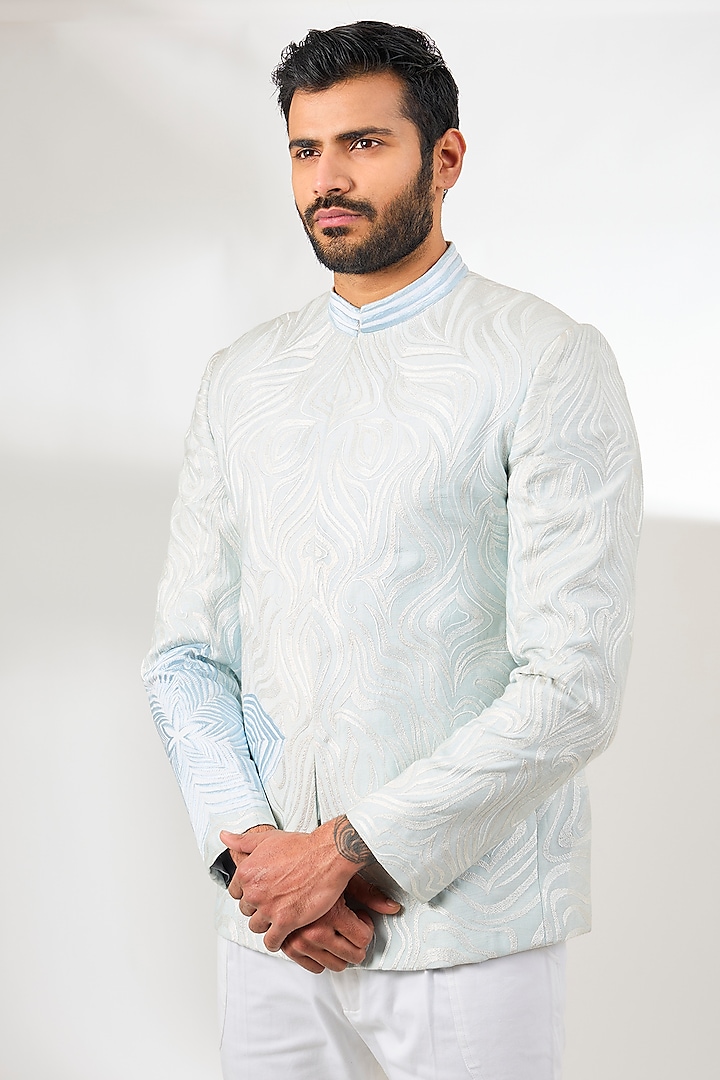 Pale Blue Silk Resham Embroidered Bandhgala by Arun Verma