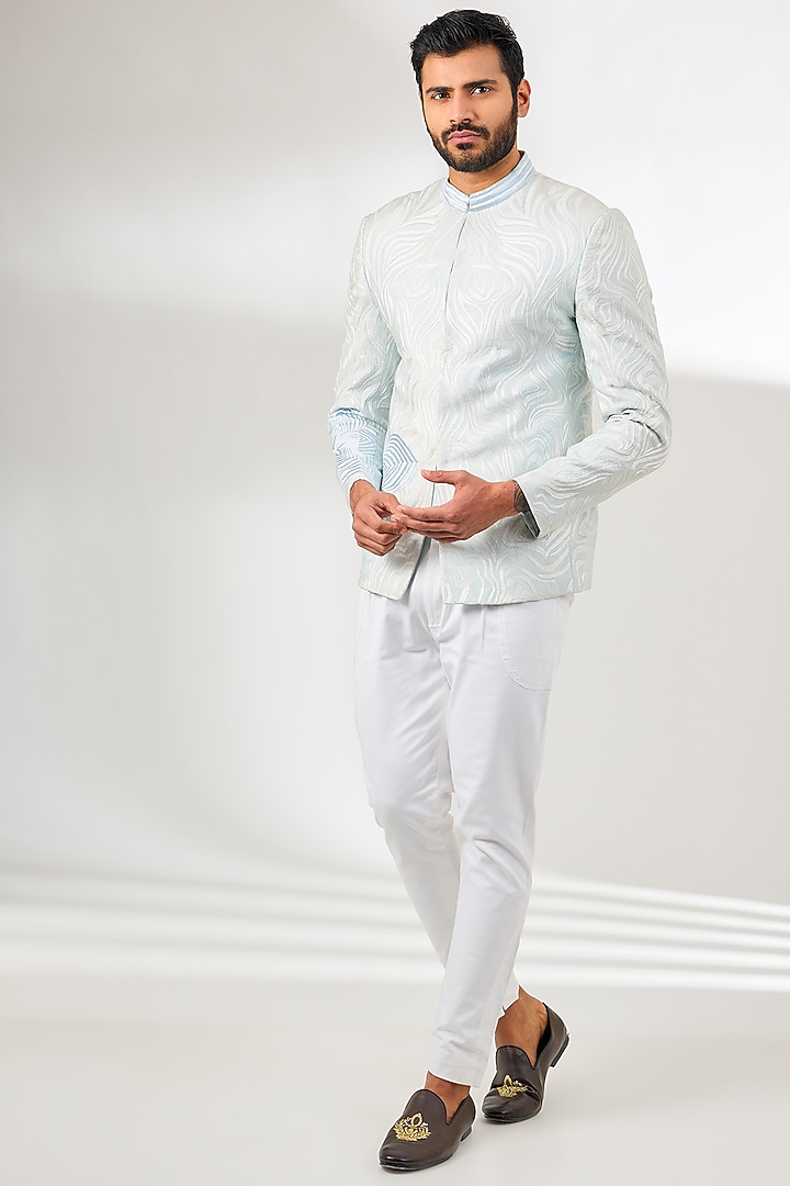 Pale Blue Silk Resham Embroidered Wedding Bandhgala by Arun Verma at Pernia's Pop Up Shop