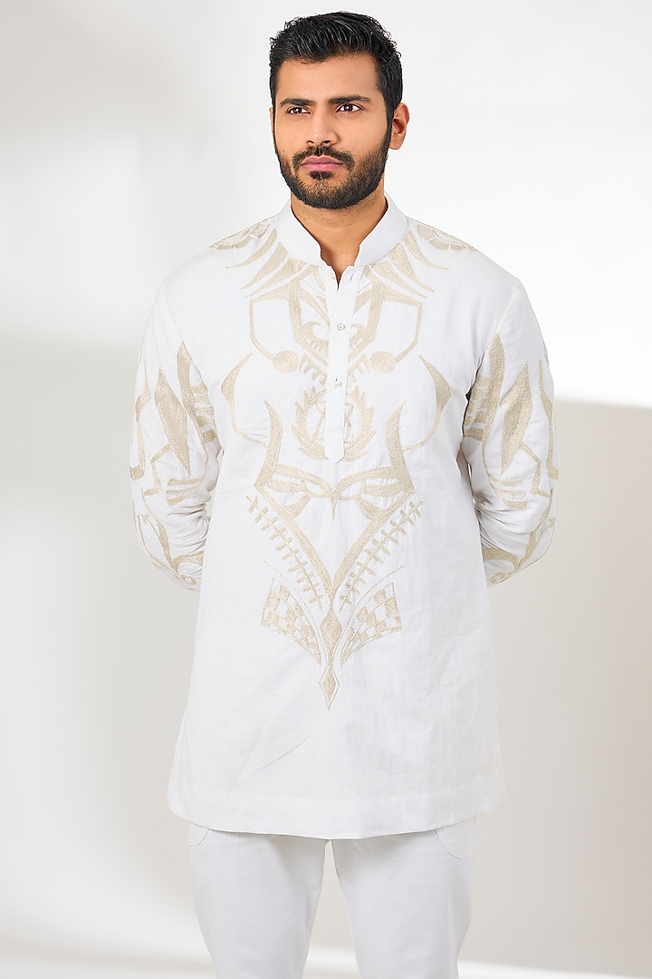 Ivory Silk Resham & Aari Embroidered Short Kurta by Arun Verma