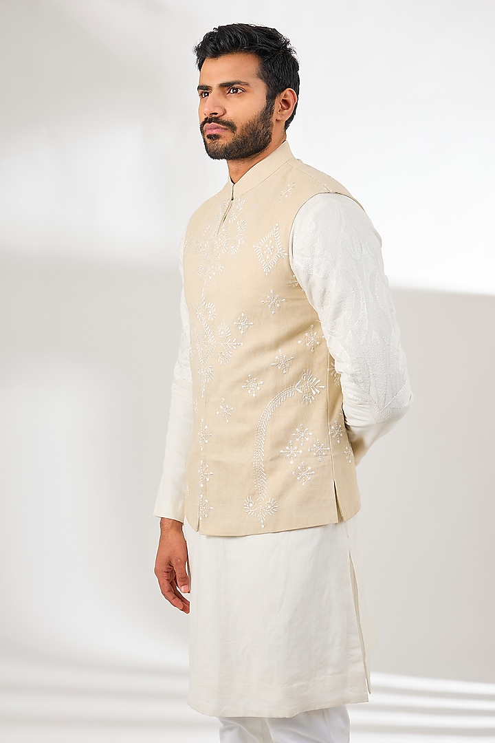 Beige Linen Thread & Resham Embroidered Bundi Jacket by Arun Verma