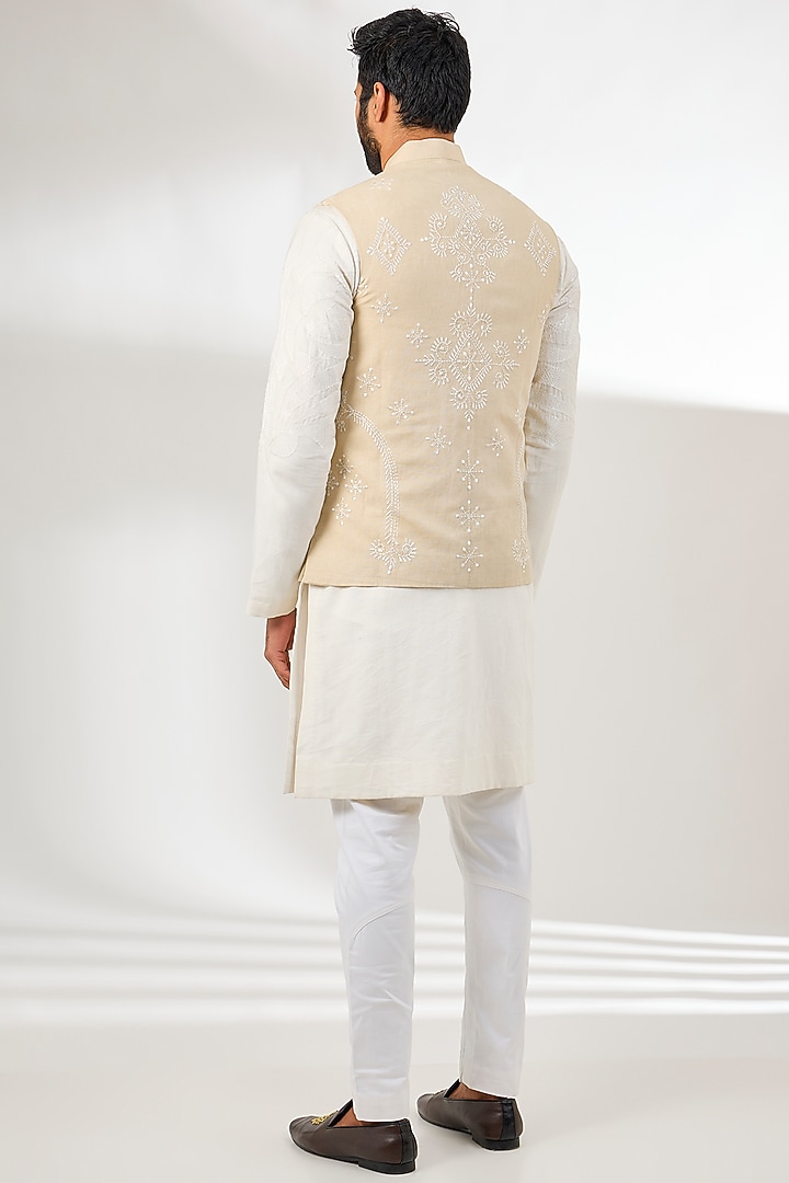 Beige Linen Thread & Resham Embroidered Bundi Jacket by Arun Verma at Pernia's Pop Up Shop