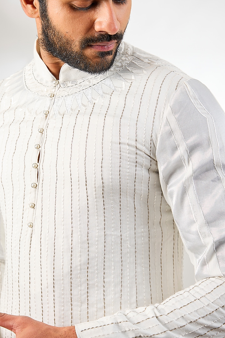 Ivory Chanderi Applique Work Short Kurta by Arun Verma at Pernia's Pop Up Shop
