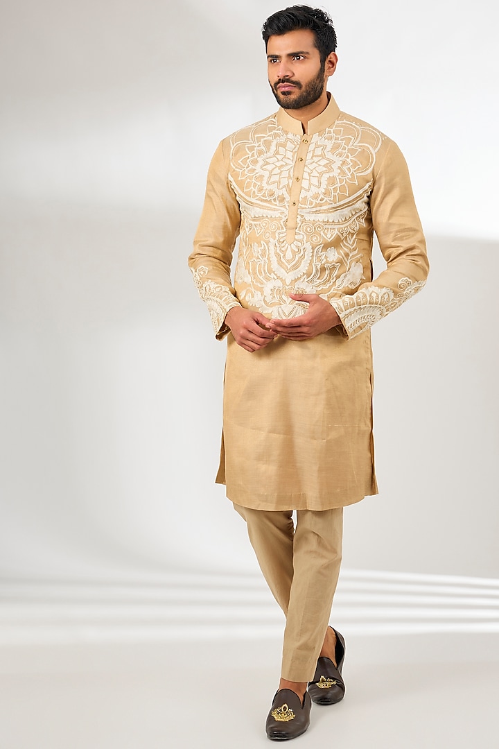 Gold Tissue Aari Embroidered Long Kurta by Arun Verma