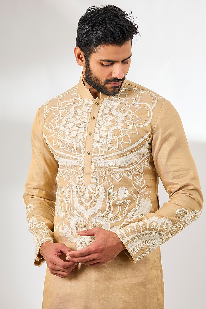 Gold Tissue Aari Embroidered Long Kurta by Arun Verma at Pernia's Pop Up Shop