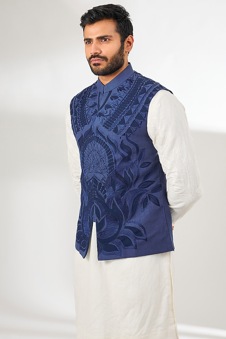 Royal Blue Silk Thread Embroidered Bundi Jacket by Arun Verma