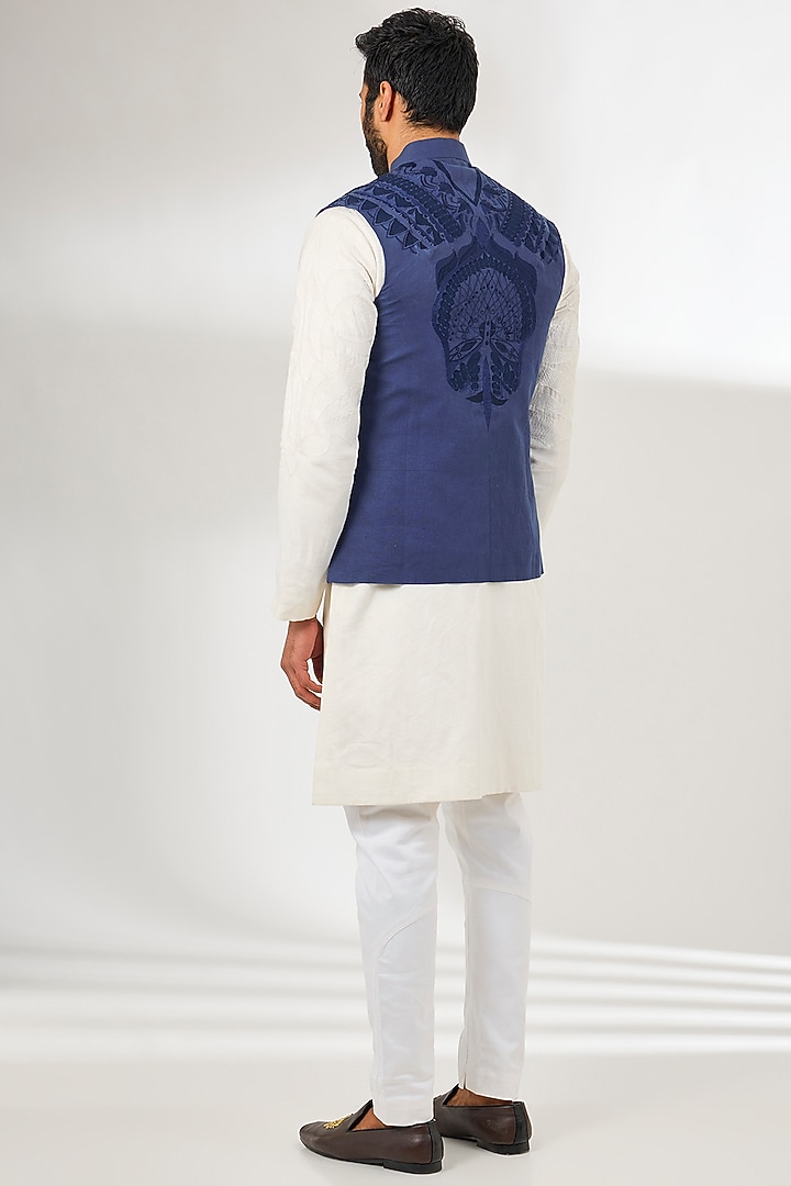 Royal Blue Silk Thread Embroidered Bundi Jacket by Arun Verma at Pernia's Pop Up Shop