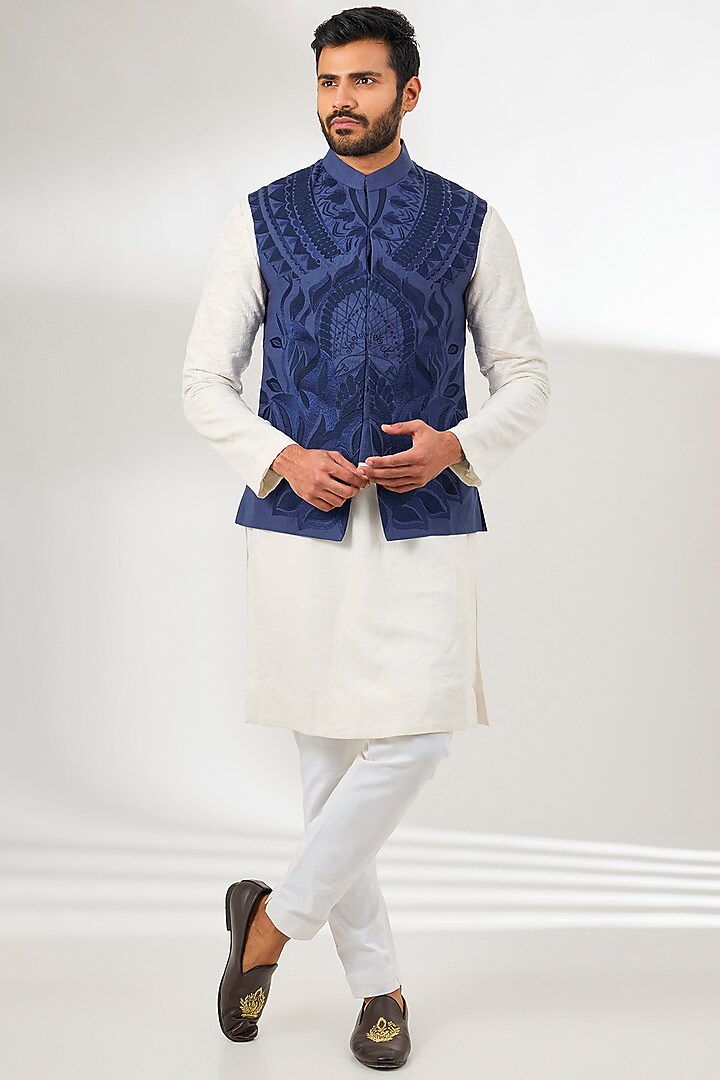 Royal Blue Silk Thread Embroidered Bundi Jacket by Arun Verma at Pernia's Pop Up Shop