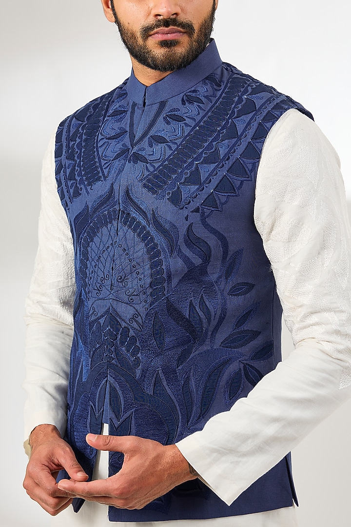 Royal Blue Silk Thread Embroidered Bundi Jacket by Arun Verma at Pernia's Pop Up Shop