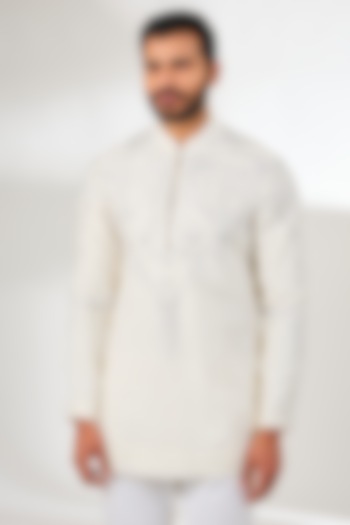 White Linen Applique Embroidered Short Kurta by Arun Verma