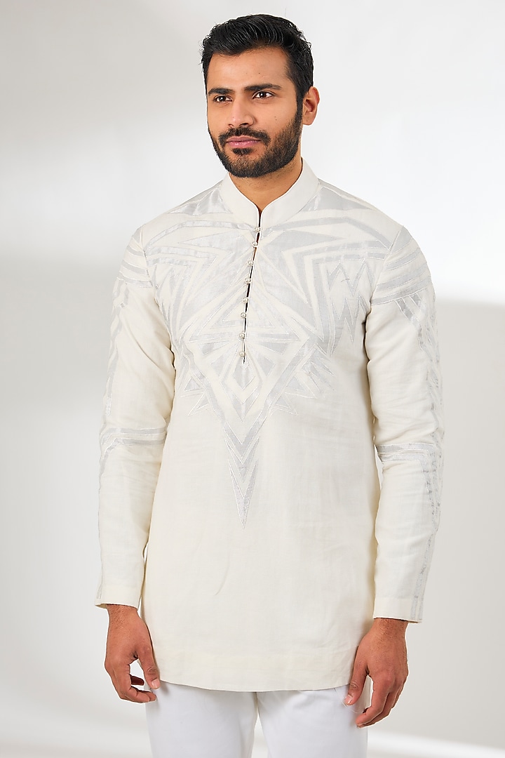 White Linen Applique Embroidered Short Kurta by Arun Verma