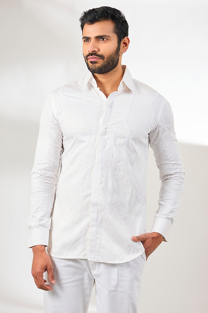 White Cotton Satin Applique Embroidered Shirt by Arun Verma