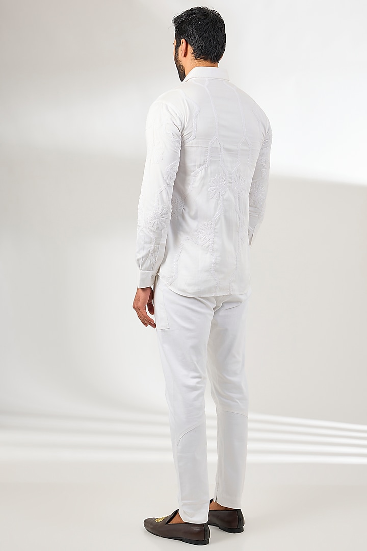 White Cotton Satin Applique Embroidered Wedding Shirt by Arun Verma at Pernia's Pop Up Shop