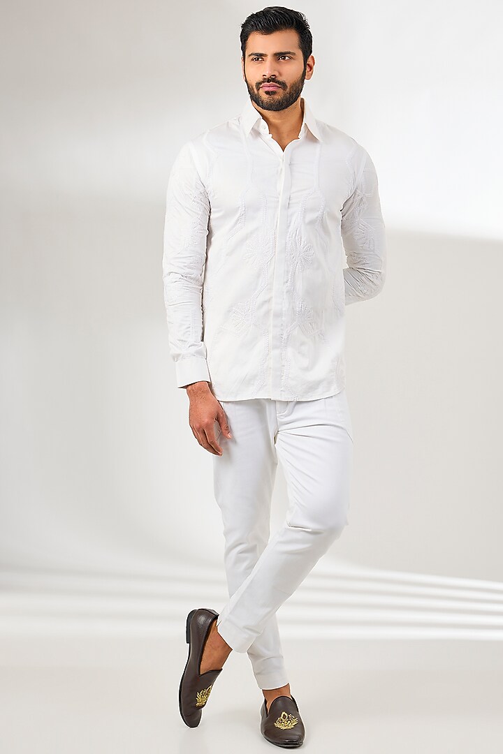 White Cotton Satin Applique Embroidered Wedding Shirt by Arun Verma at Pernia's Pop Up Shop