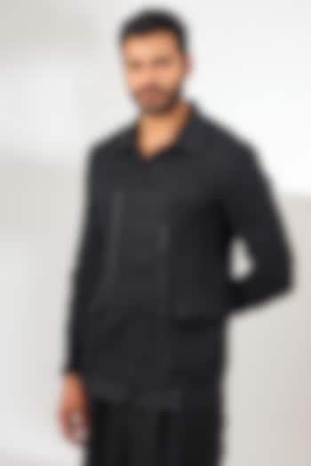 Black Linen Thread Work Jacket by Arun Verma