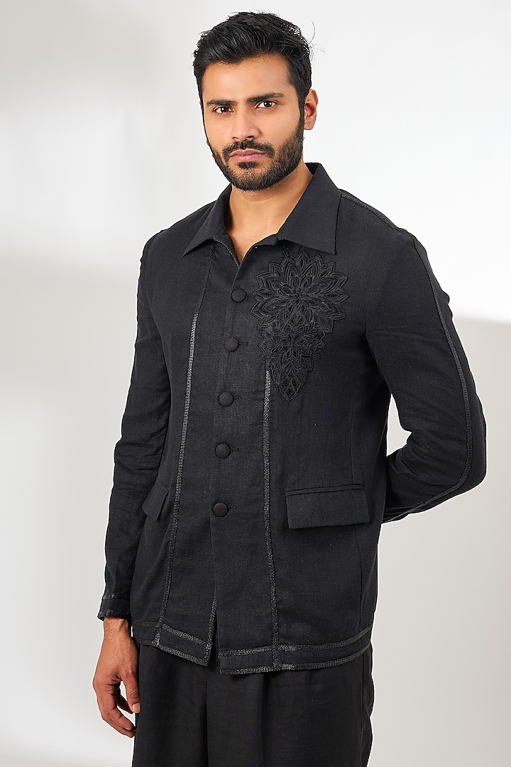 Black Linen Thread Work Jacket by Arun Verma