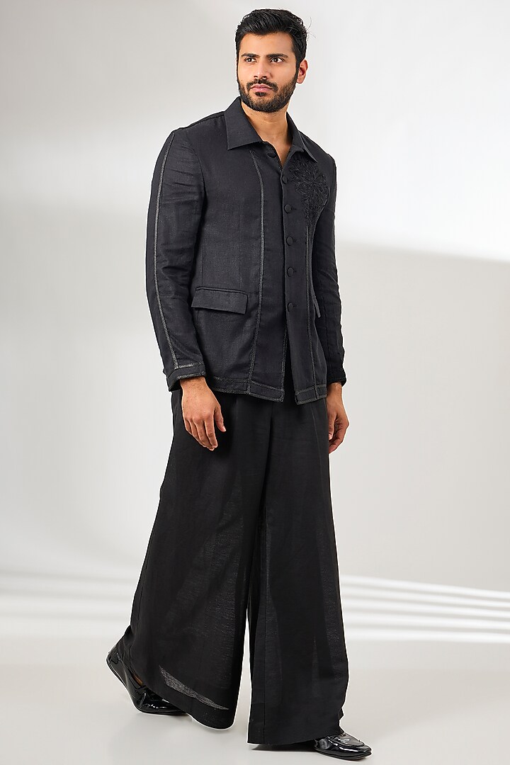 Black Linen Thread Work Jacket by Arun Verma at Pernia's Pop Up Shop