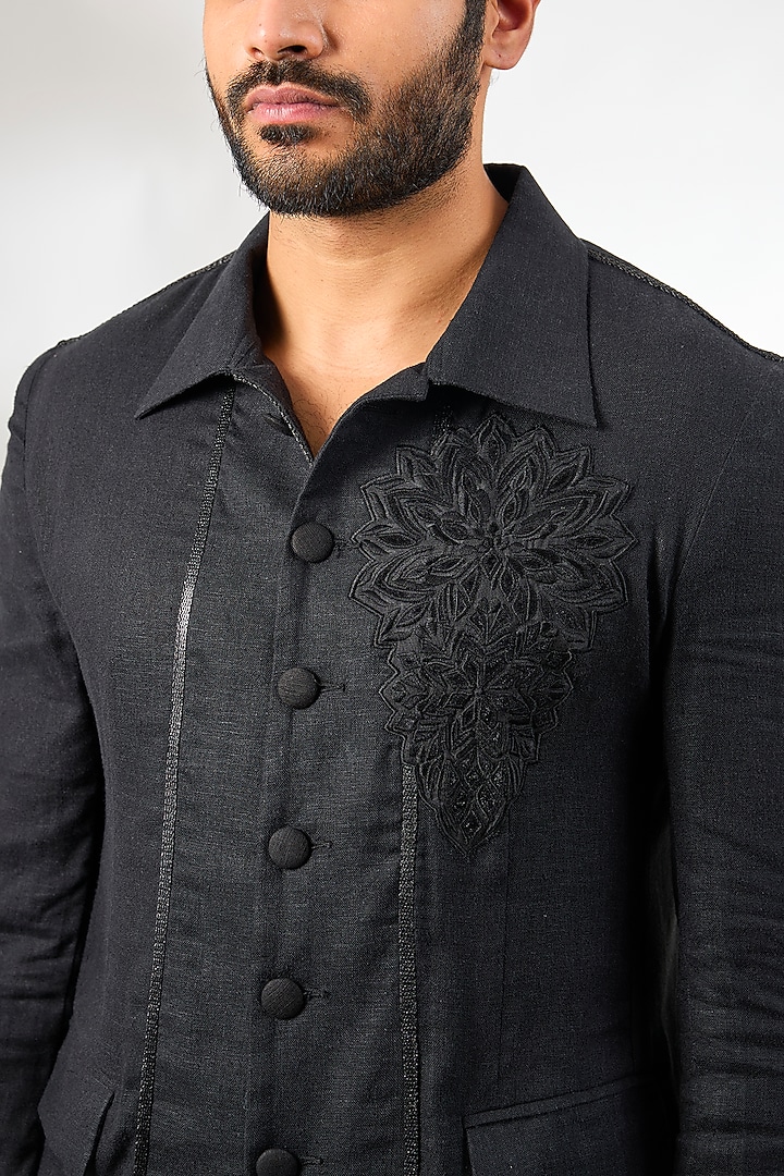 Black Linen Thread Work Jacket by Arun Verma at Pernia's Pop Up Shop