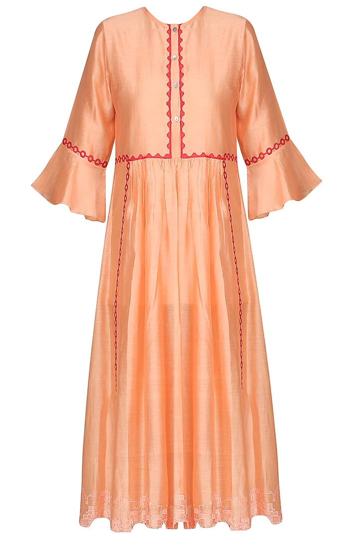 Orange digital printed front open jacket with peach tunic available only at Pernia's Pop Up Shop.