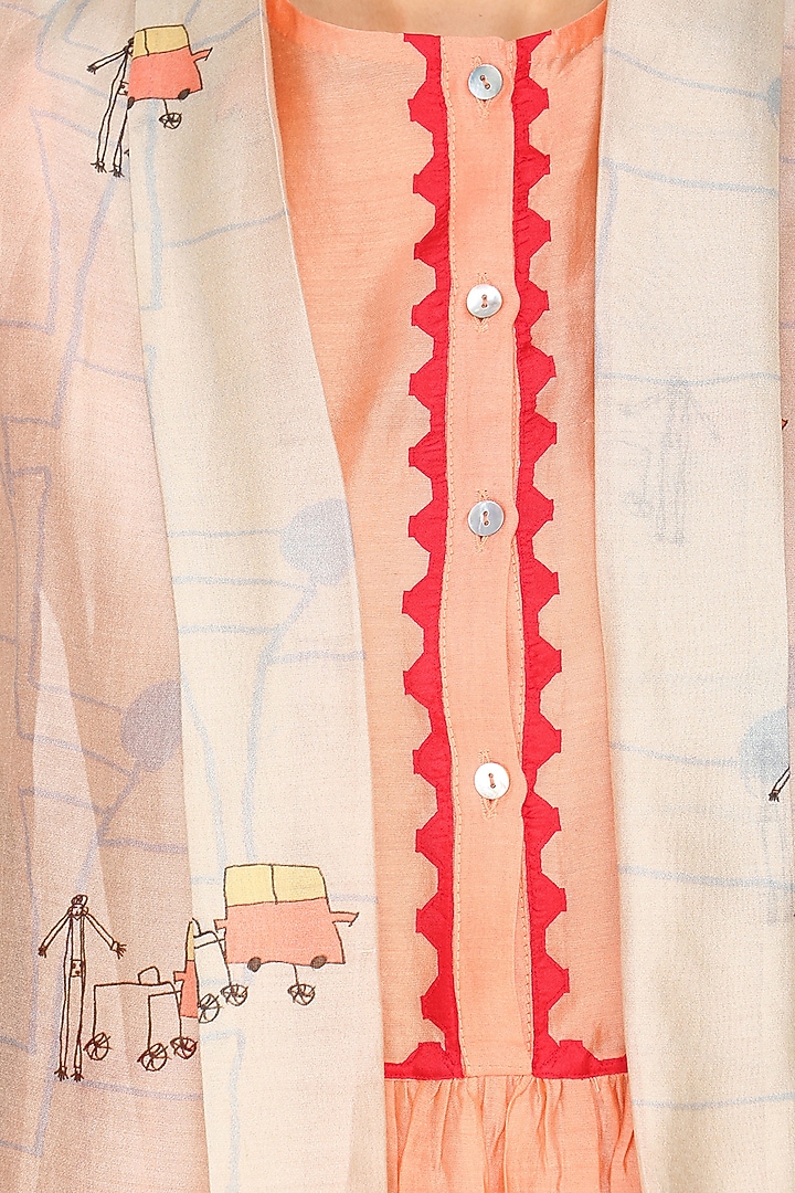 Orange digital printed front open jacket with peach tunic available only at Pernia's Pop Up Shop.