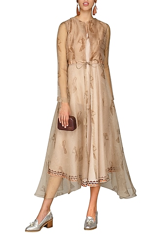 Brown Digital Printed Jacket With Beige Tunic by AUR