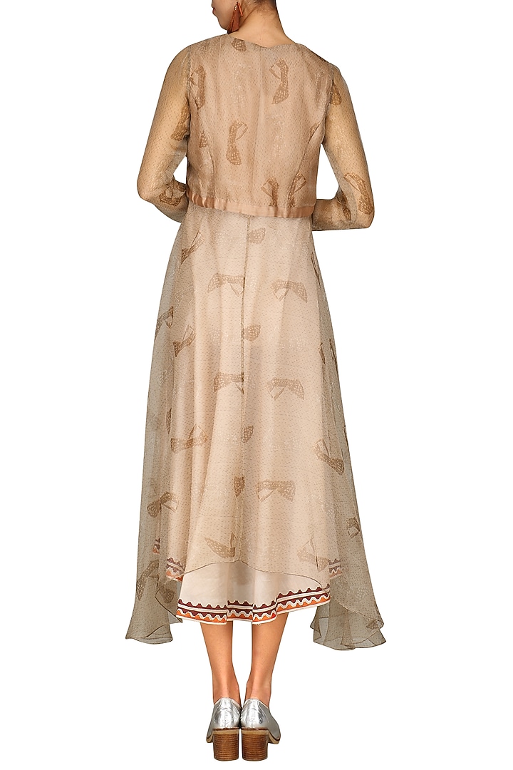 Brown digital printed jacket with beige tunic available only at Pernia's Pop Up Shop.