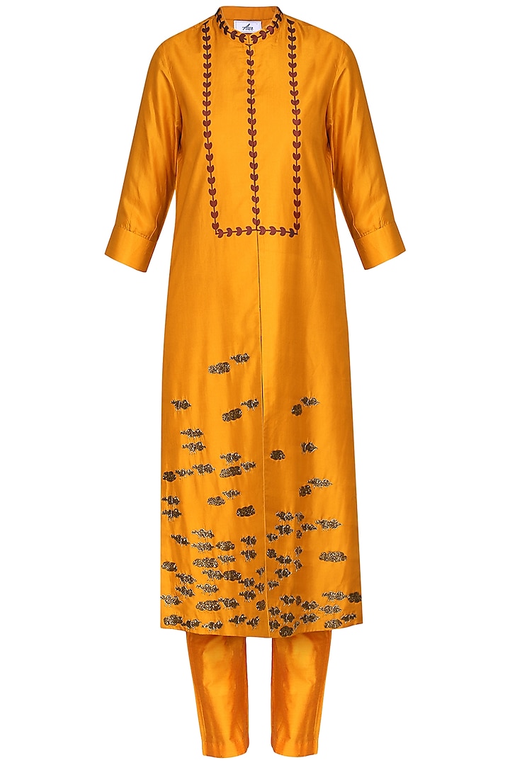 Orange Laser Cut Embroidered Tunic With Pants by AUR
