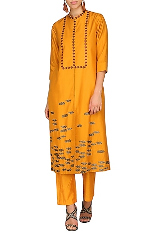 Orange Laser Cut Embroidered Tunic With Pants by AUR