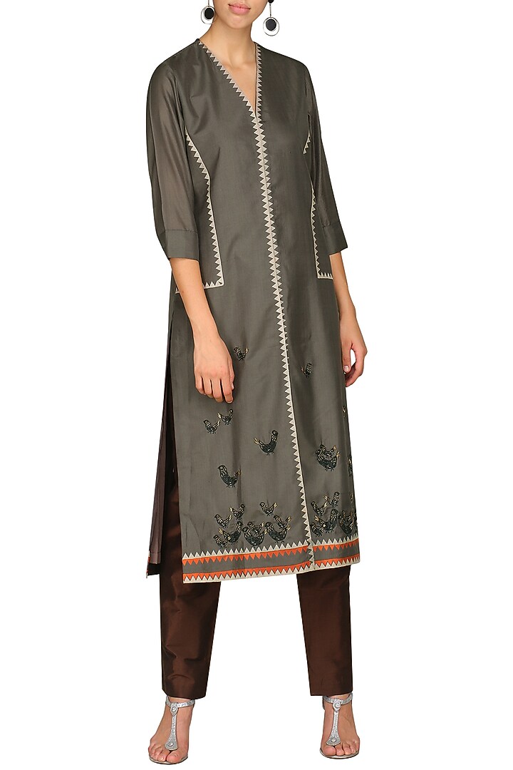 Brown laser cut embroidered tunic with pants available only at Pernia's Pop Up Shop.