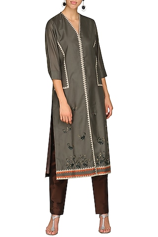 Brown Laser Cut Embroidered Tunic With Pants by AUR