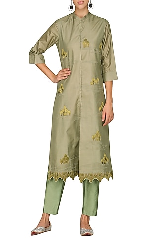 Green Embroidered Tunic With Pants by AUR