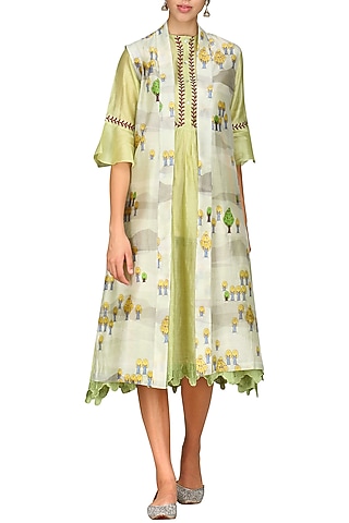 Light Green Digital Printed Jacket With Tunic by AUR