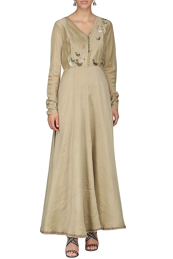 Beige embroidered anarkali gown available only at Pernia's Pop Up Shop.