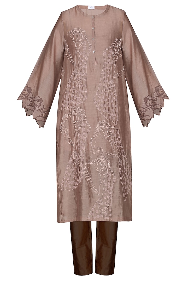Brown Embroidered Tunic With Pants by AUR