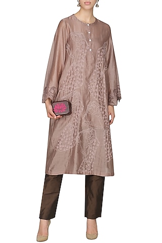 Brown Embroidered Tunic With Pants by AUR