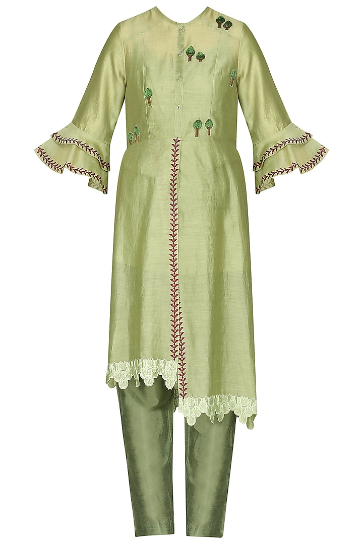 Green Laser Cut Embroidered Tunic With Pants by AUR