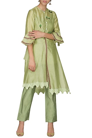 Green Laser Cut Embroidered Tunic With Pants by AUR