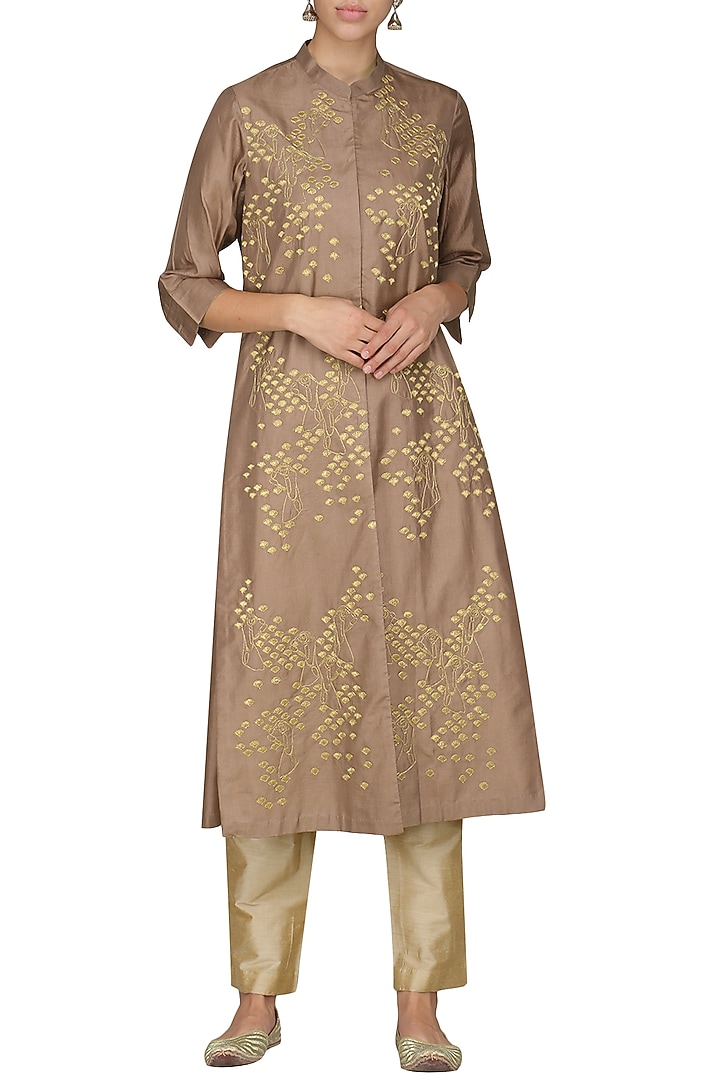 Brown zari embroidered tunic with pants available only at Pernia's Pop Up Shop.