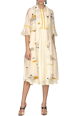 Off White Digital Printed Jacket With Tunic by AUR