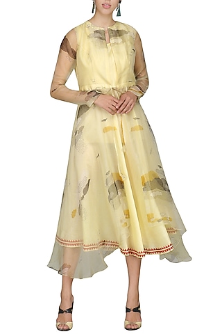 Beige Digital Printed Jacket With Tunic by AUR