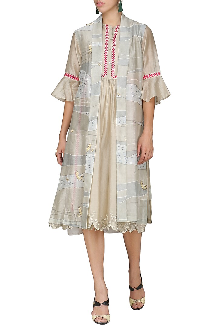 Light khakhi digital printed jacket with beige tunic available only at Pernia's Pop Up Shop.