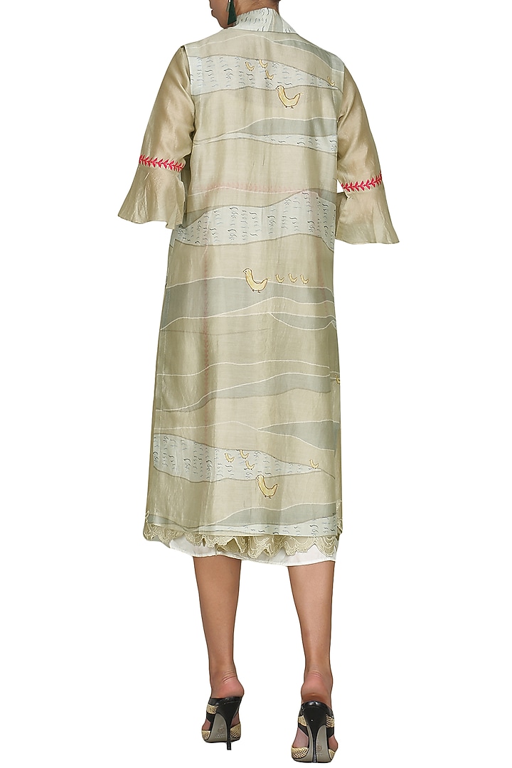 Light khakhi digital printed jacket with beige tunic available only at Pernia's Pop Up Shop.
