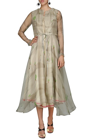 Light Khakhi Digital Printed Jacket With Tunic by AUR