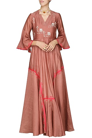 Dark Peach Embroidered Anarkali Gown by AUR