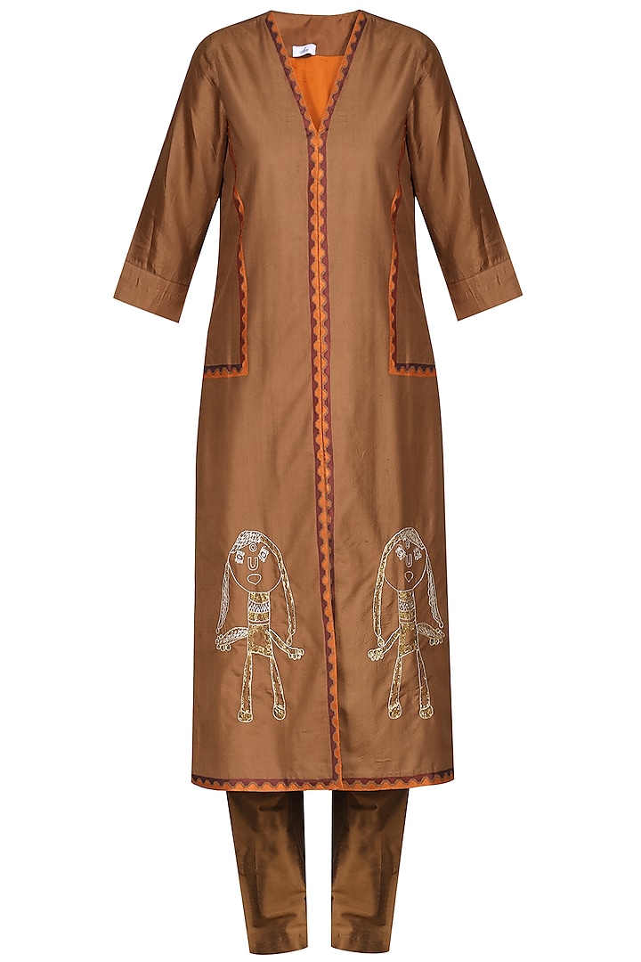 Brown Laser Cut Embroidered Tunic with Pants by AUR