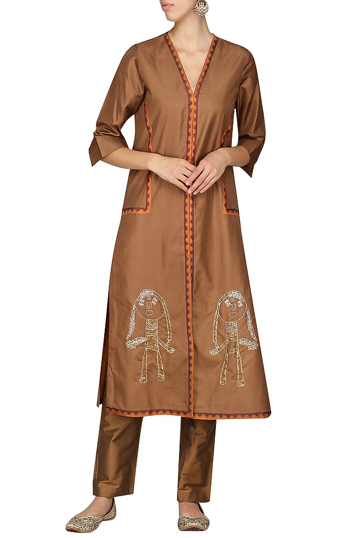 Brown laser cut embroidered tunic with pants available only at Pernia's Pop Up Shop.