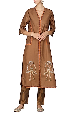 Brown Laser Cut Embroidered Tunic with Pants by AUR