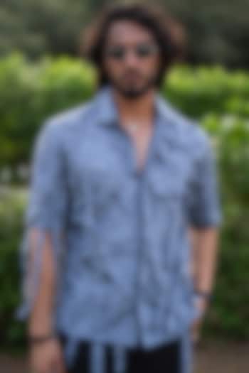 Blue Grey Cotton Poplin Party Wear Shirt by Aurge Studios at Pernia's Pop Up Shop