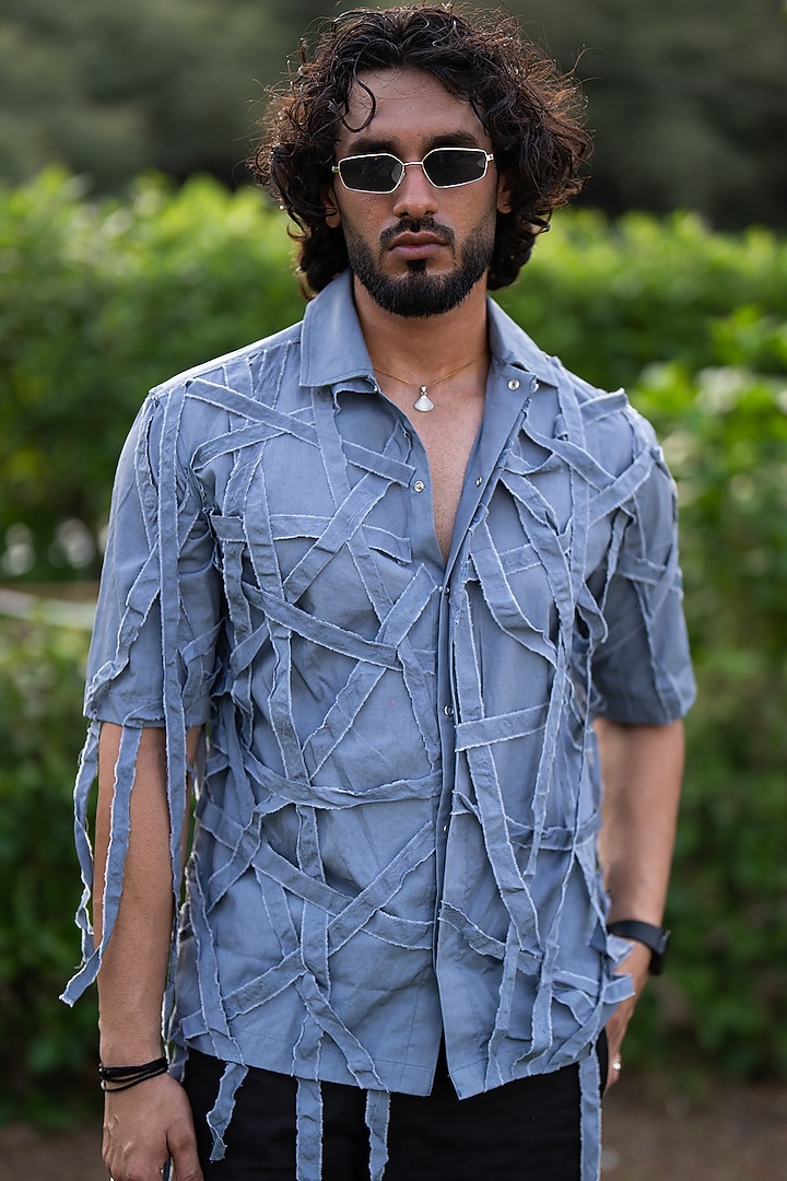 Blue Grey Cotton Poplin Party Wear Shirt by Aurge Studios at Pernia's Pop Up Shop